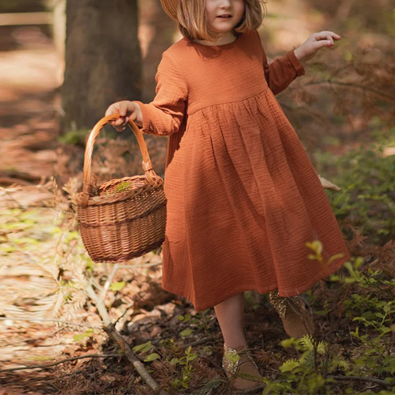 Herfst Kids Jurk Zomer Mouwloze Linnen Katoenen Jurken Voor Peuter Meisje Ruches Effen Kinderen Lange Mouw Jurk Verjaardag Geschenken