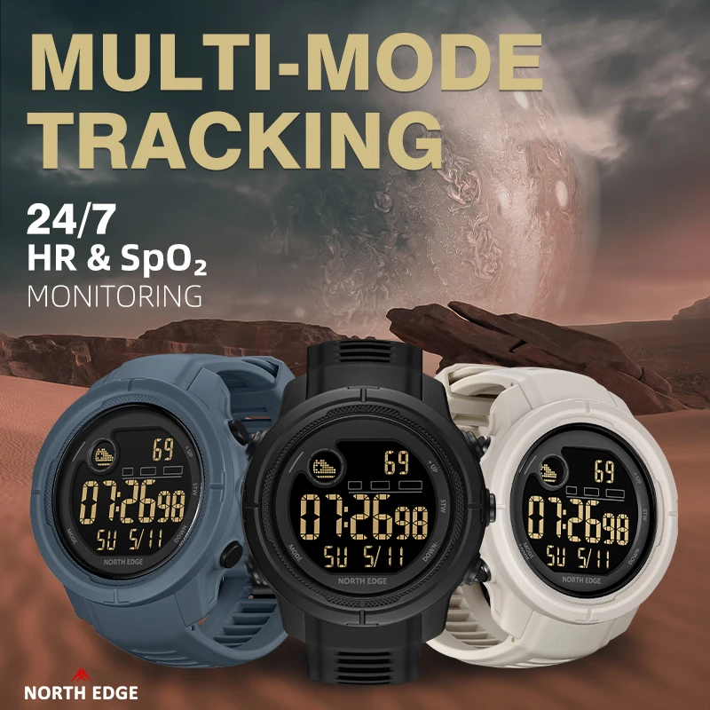 

NORTH EDGE NEW MARS 5, мужские цифровые часы, уличные военные спортивные светодиодные часы, водонепроницаемые, 50 м, HR и SpO2, умные часы для мужчин и женщин