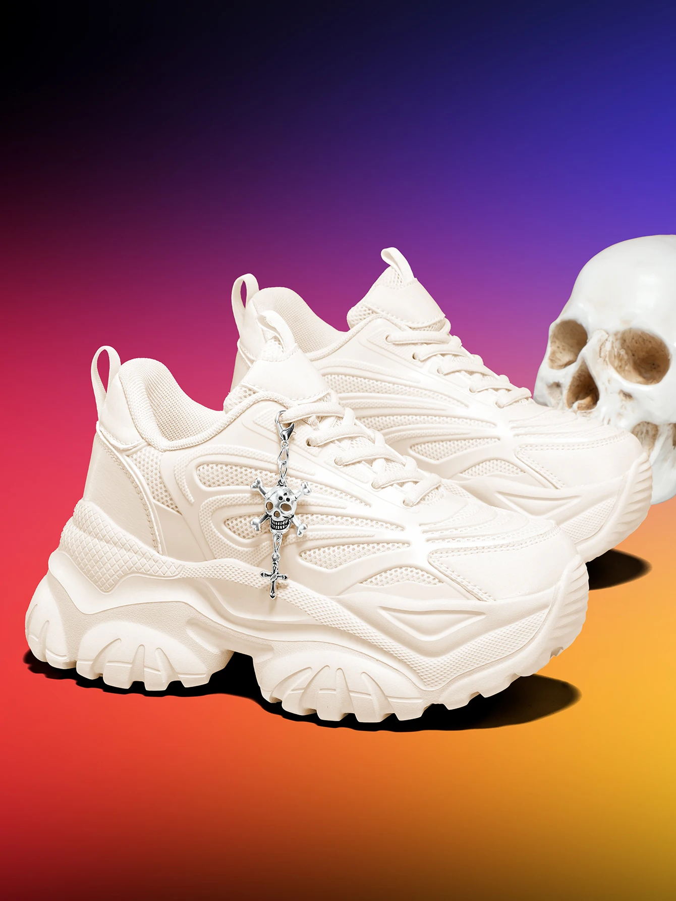 Damen-Outdoor-Allwetter-Modische Dad-Schuhe, Eva-Leichtgewicht-Sneaker mit dicker Sohle und 7 cm Absatzhöhe, orangefarbene Sportschuhe mit abnehmbarem silbernen Kreuz- und Totenkopf-Anhänger im Halloween-Punk-Stil, vielseitig einsetzbar für den täglichen Arbeitsweg und Fitness – Detail 35