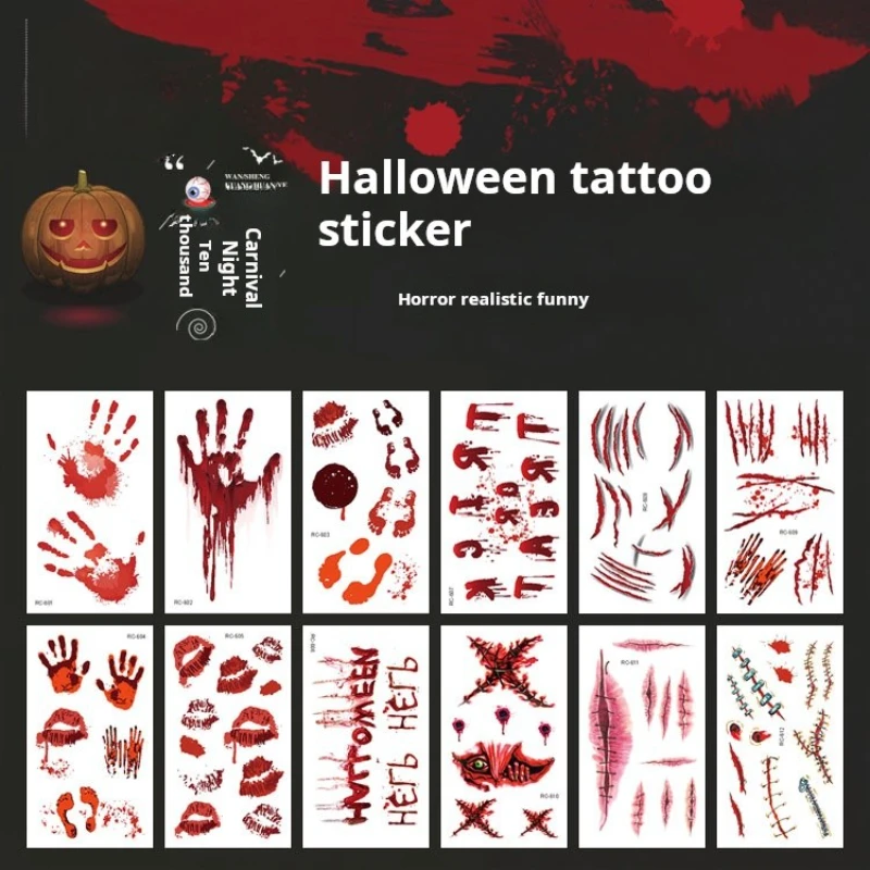 Tiny Temporary Tattoo Stickers Halloween Tattoo Stickers Waterproof Horror Wounds Realistic Blood Scar Patterns Tattoo Stickers