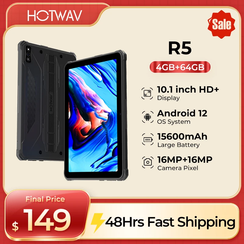 オリジナル HOTWAV R5 頑丈なタブレット 15600mAh Android 10.1 インチ HD+ パッド 4 ギガバイト 64 ギガバイトオクタコア 16MP デュアル SIM GPS グローバルバージョンタブレット