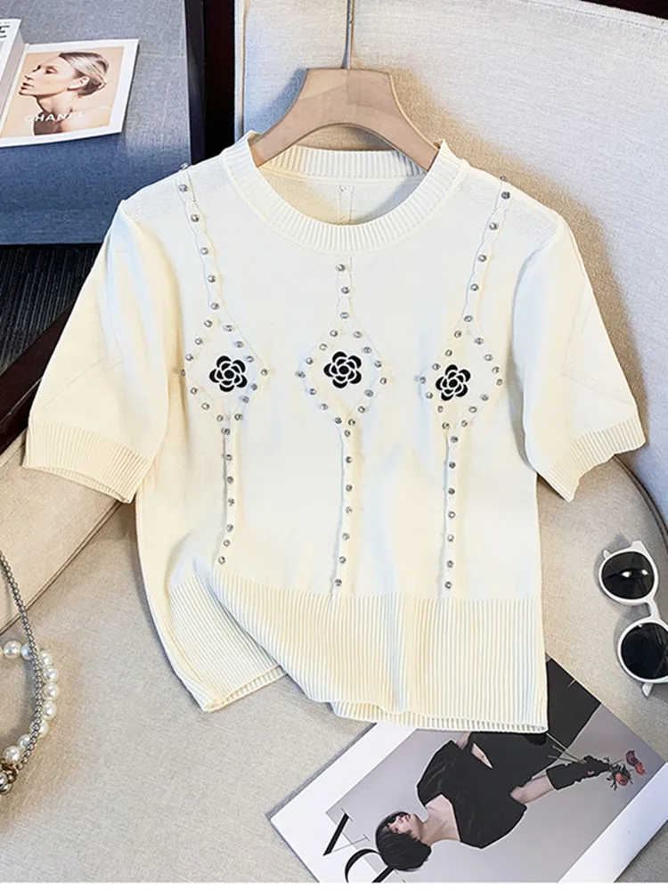 Summer Knitted Short-sleeved Tshirt Female 2024 New Flowers Embroidery Diamonds Sweet Thin Sweater Women Crop Tops