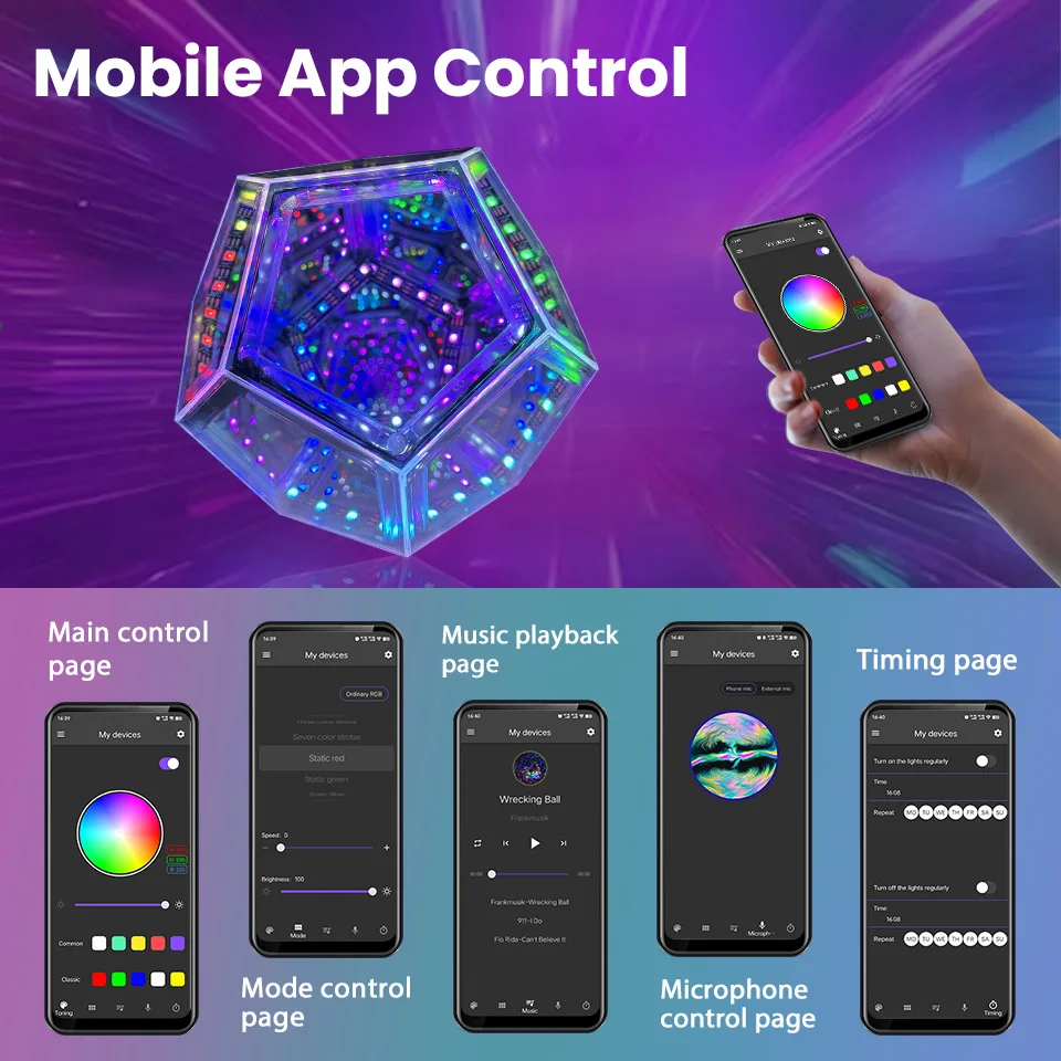 RGB Color Changing Music Sync LED Night Light Infinity Dodecahedron Mirror Table Lamp USB-Powered Festive Gift for Bedroom Party