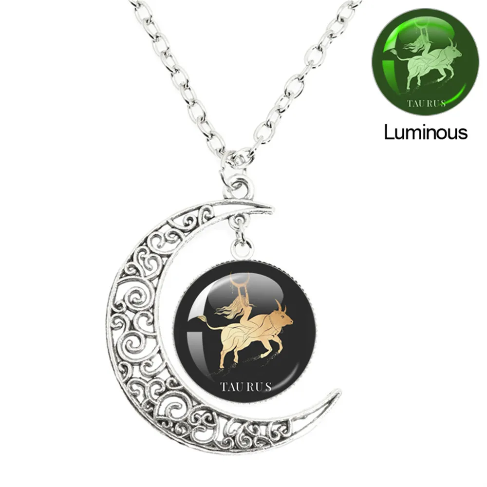 12 Constellations Zodiac Signs Luminous Necklaces Crescent Moon Pendant Chains Necklace Constellation Women Men Jewelry Gifts