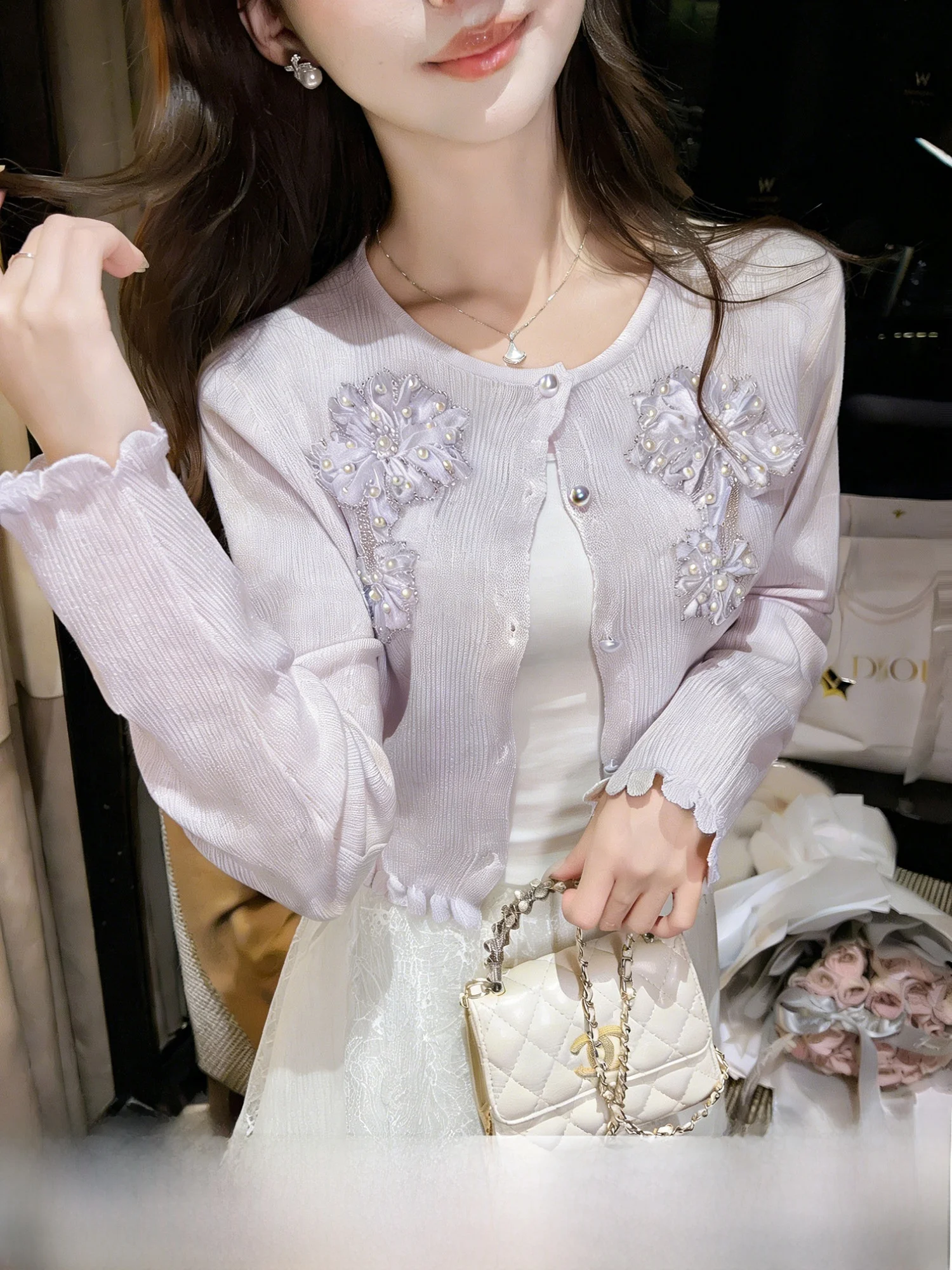 

Unique Knitted Diamond Embellished Open Cardigan Women's Early Spring New Style Super Fairy Sun Protection Top Elegant Fit