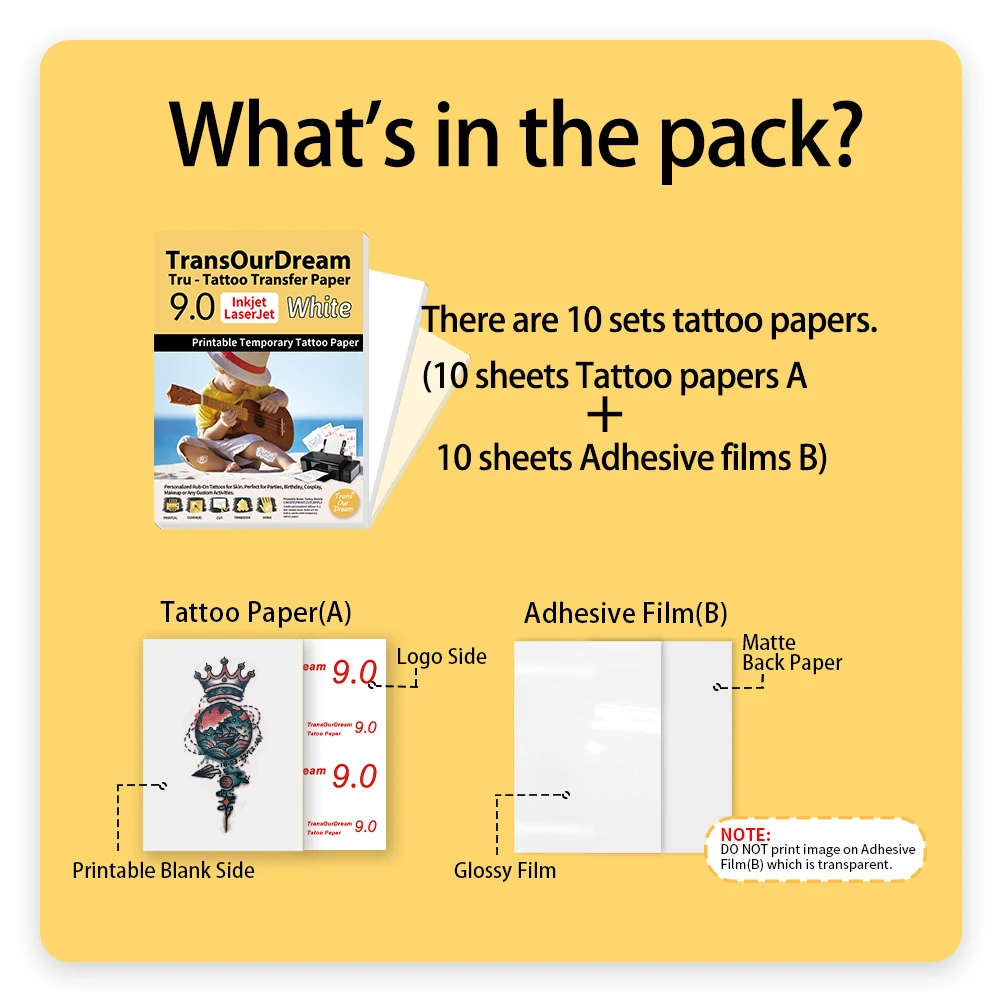 TransOurDream  A4 10PCS Printable Temporary Tattoo Transfer Paper for Inkjet & Laser Printer Skin White Background DIY