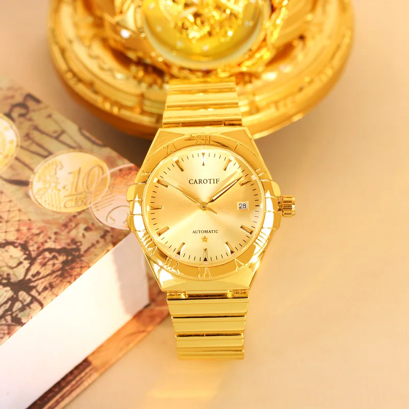 

Мужские золотые ремешки из нержавеющей стали в деловом стиле, элегантный календарь с турбийоном, полностью автоматические механические часы