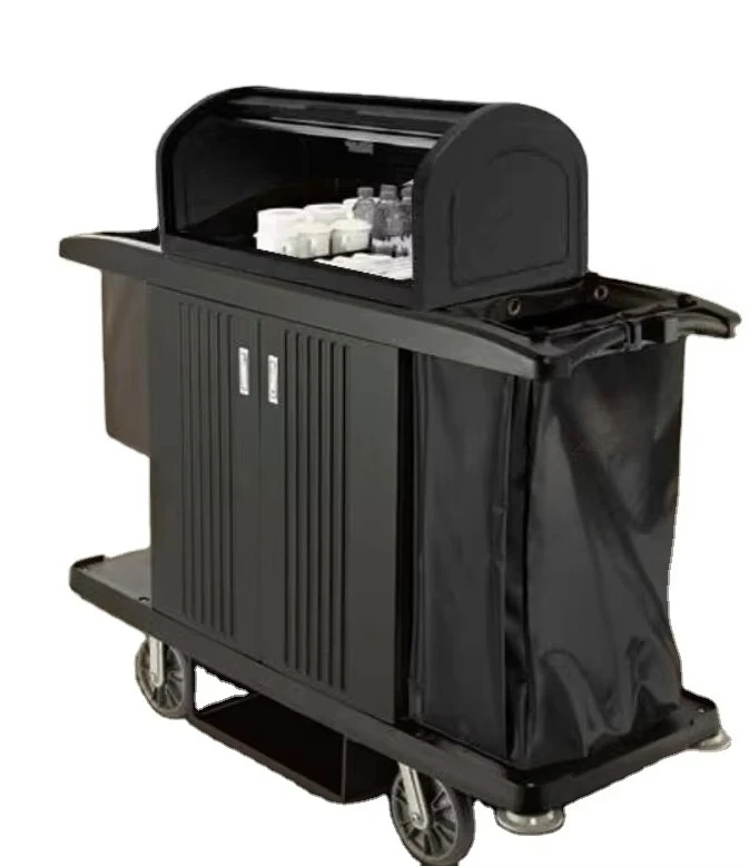 

Black Color Plastic Housekeeping Cleaning Service Carts with Cover for Hotel