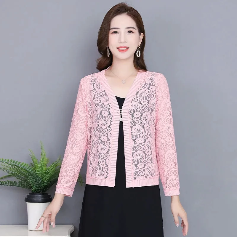 Plus Size Women Cardigan Short Coat Summer New Solid Lace Hollow Loose Round Neck Sunscreen Clothes Top Women\'s Clothing Sales