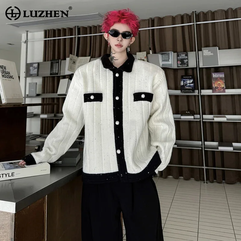 

LUZHEN 2025 New Stylish Elegant Temperament Color Contrast Design Knitted Cardigan Men's Lapel Street Casual Male Sweater JY5244