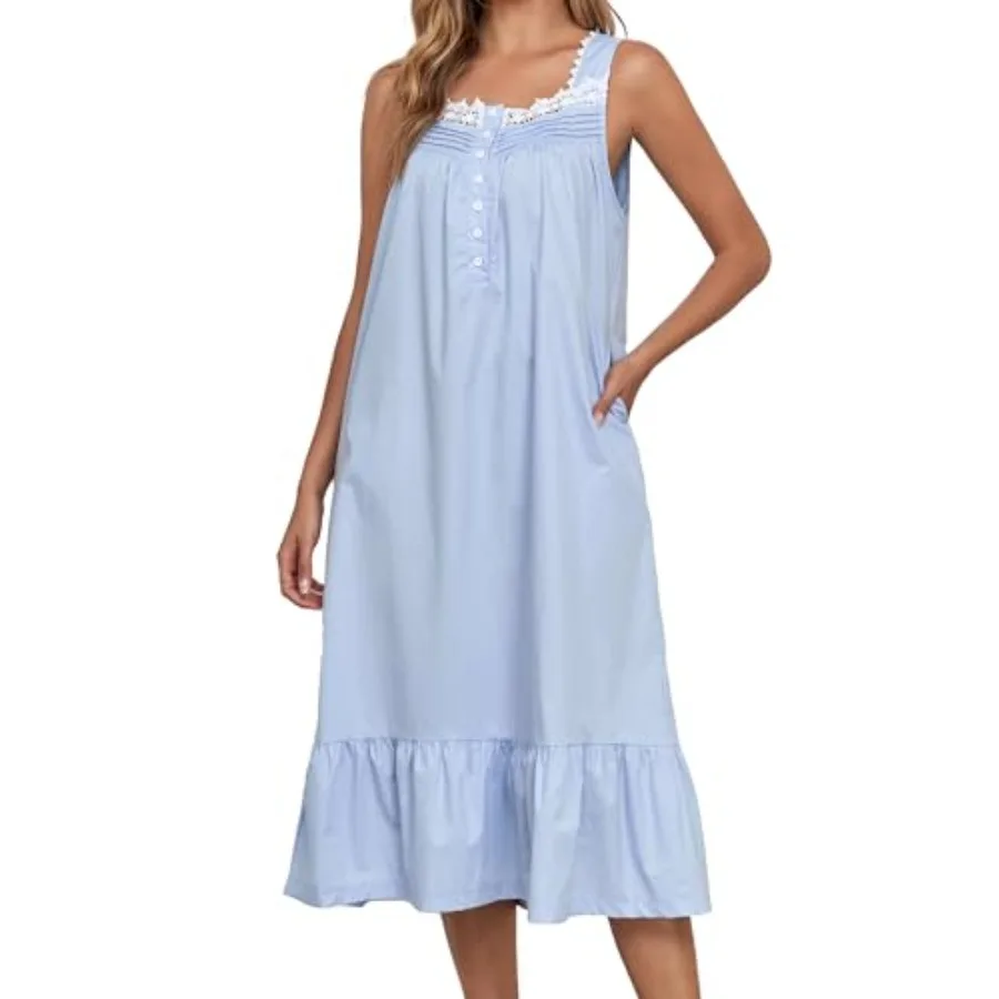 100% Cotton Nightgowns for Women Sleeveless Sleep Dress With Pockets Sleepwear Lounge Dress
