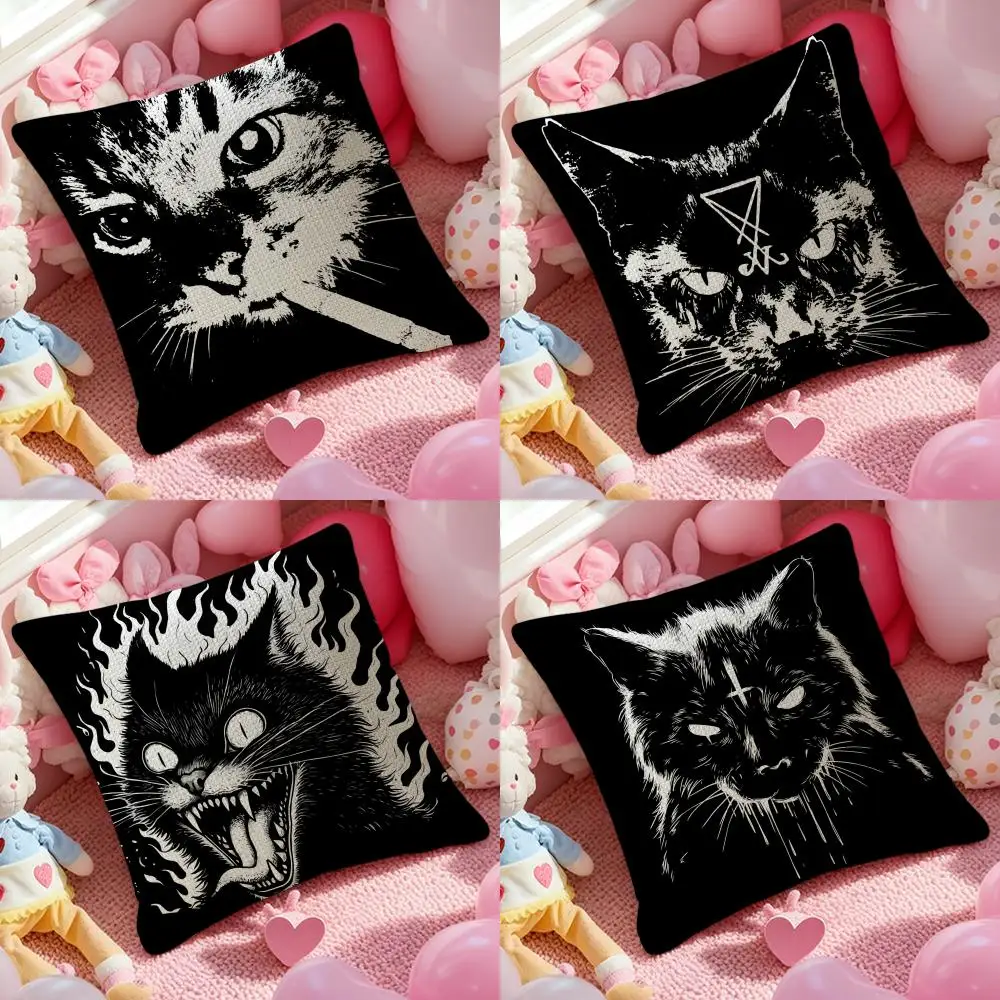 Handsome Black Nordic Cat Pillow Case Pattern Printed Pillowcase for Living Room Sofa Cushion Cover & Bedroom Decor