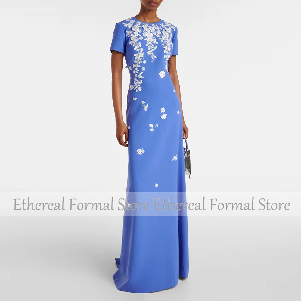 Modern Blue Women's Evening Gown Mermaid Floor Length Formal Party Dress O Neck Appliques Saudi Dress Short Sleevels Prom Dress image 3