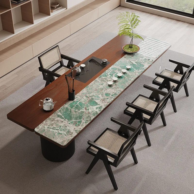 Green rock slab solid wood double tea table large integrated kettle