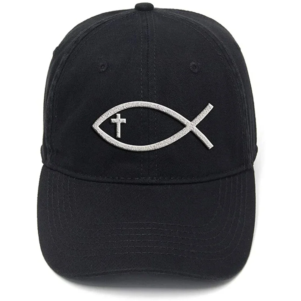 Lyprerazy Christian Fish with Cross Washed Cotton Adjustable Men Women Unisex Hip Hop Cool Flock Printing Baseball Cap