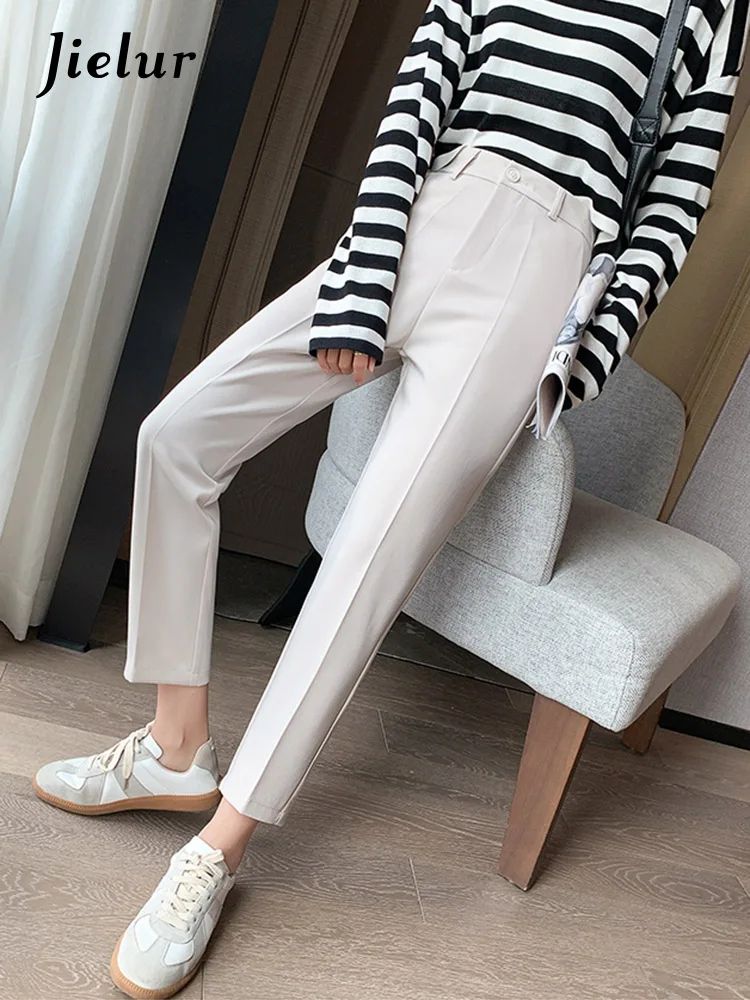 

Jielur Korean New Office Lady Suit Pants Female White Pencil Harem Pants Women Summer Thin Straight High Waist Capri XS-4XL