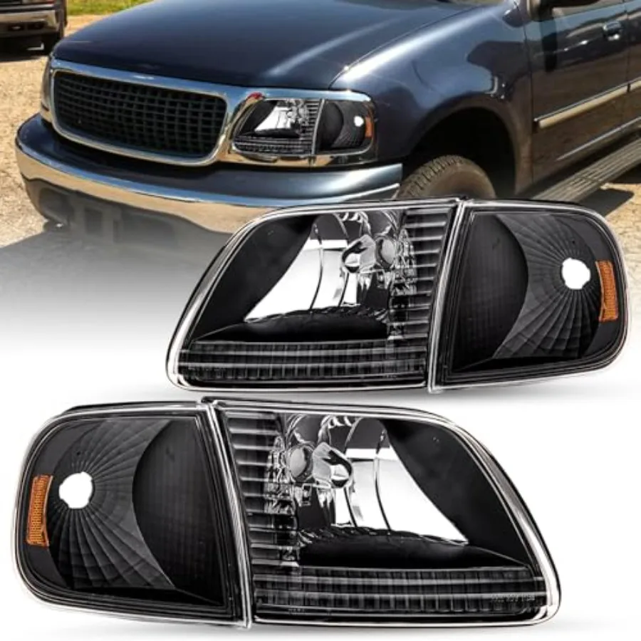 

4pcs Headlight Assembly with Corner Light Compatible with 97-03 F150 97-02 Expedition 97-99 F250 Headlamp Black Housing with Amb