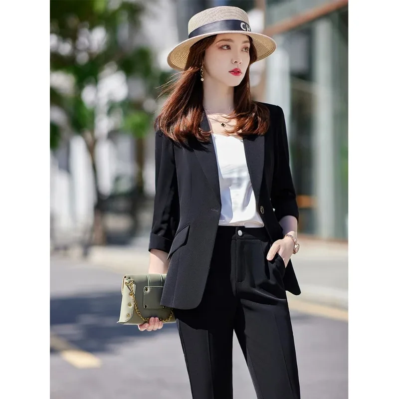 Summer Women Pant Suit Business Coat Work Wear Pink Blue Khaki Black Office Ladies Half Sleeve Blazer+Trouser Formal 2 Piece Set