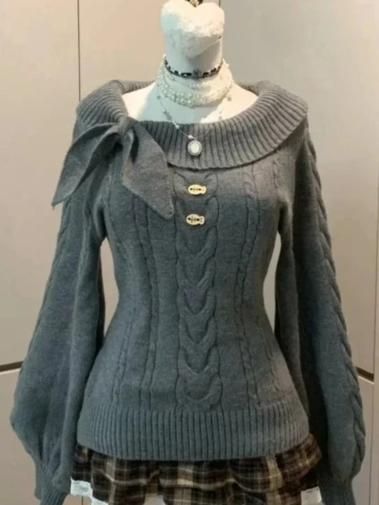 Women Sweet Hot Girl Bow Off-Shoulder Sweater Autumn Winter Elegant Sexy Fashion Knitted Tops Casual Y2k Knitwear Pullover New