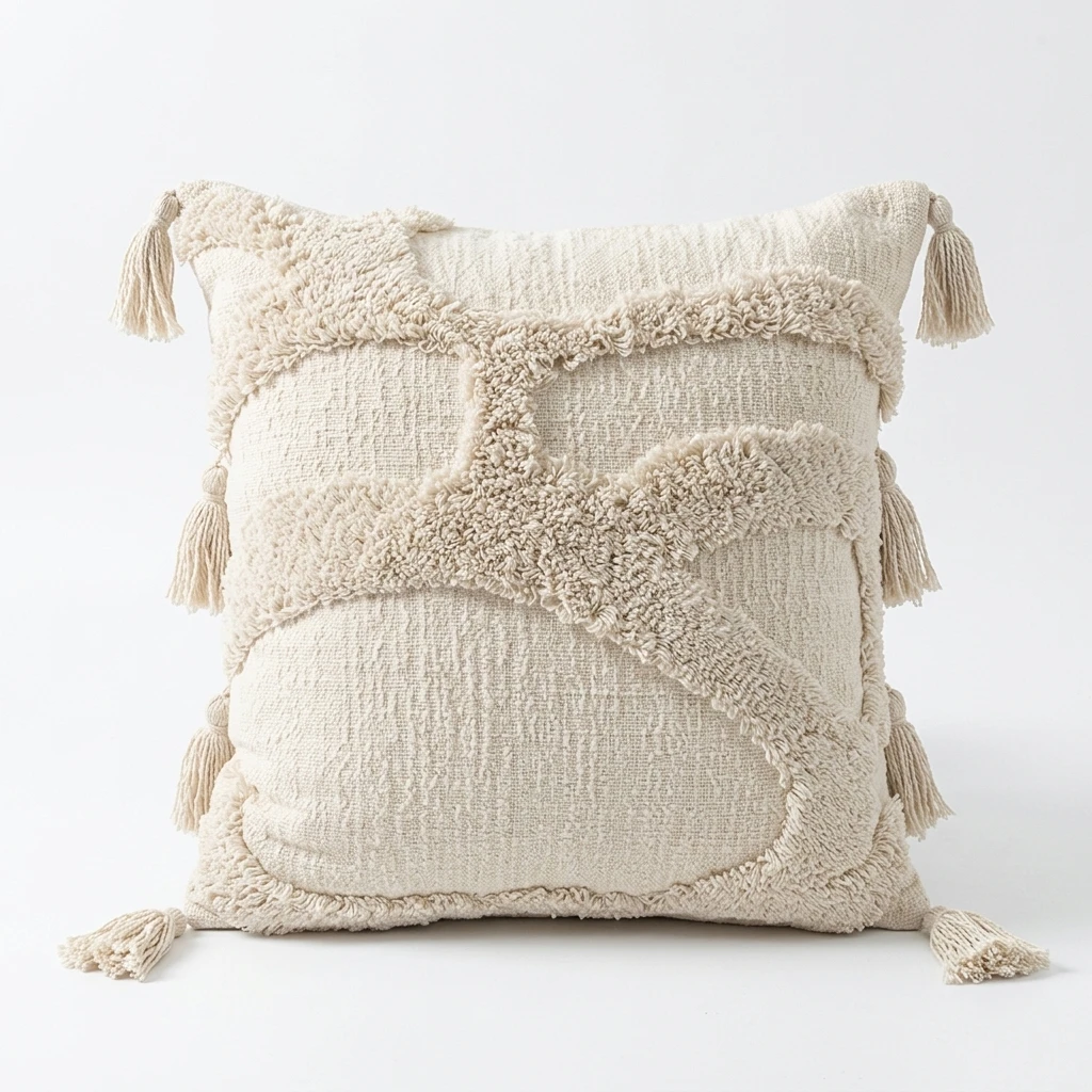 Soft Tufted Tassel Pillow Cover 45x45cm Boho Textured Cushion Case for Sofa Living Room Neutral Home Decor