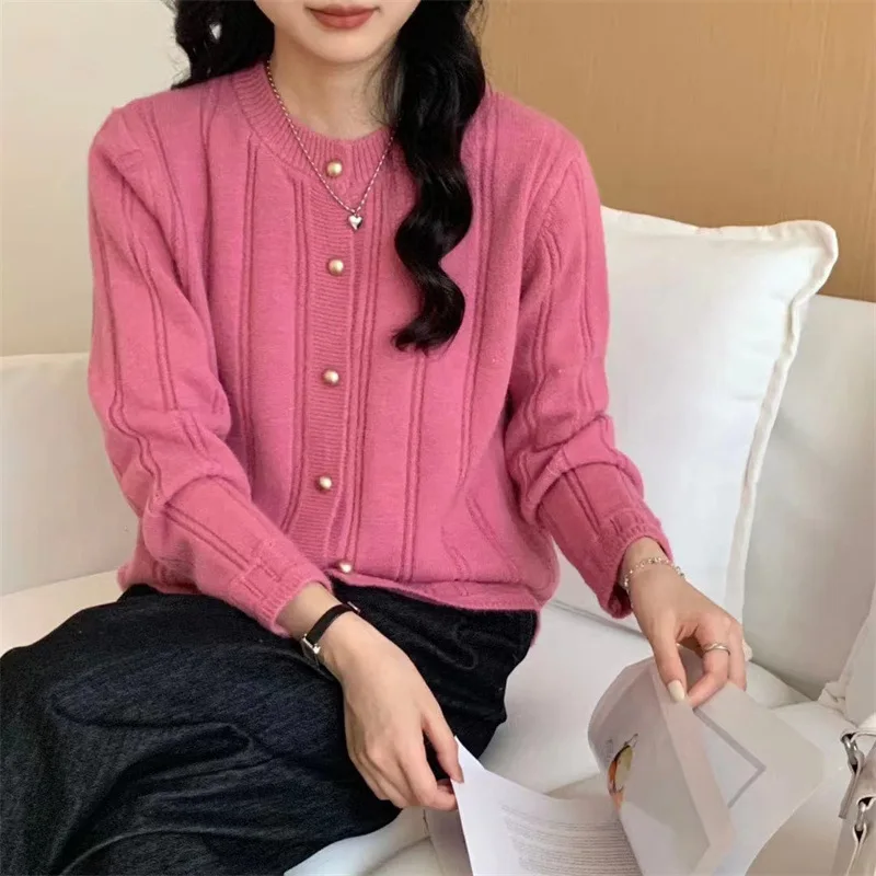 Knitted Cardigan Women's Autumn and Winter New Gentle Wind Solid Color Small Gold Buckle Joker Soft Waxy Twist Sweater Coat