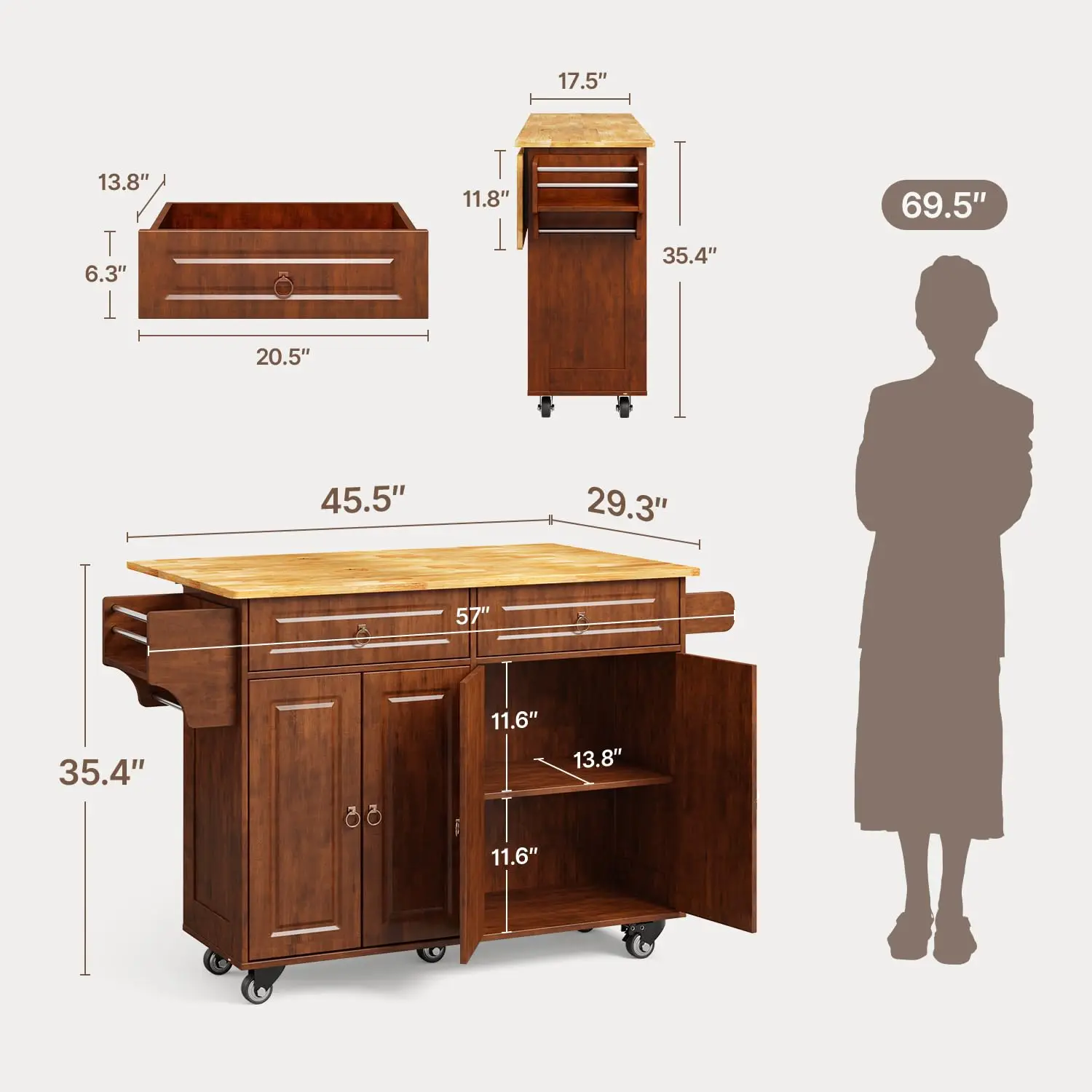 47in Rubber Wood Kitchen Island with Drop Leaf Storage, Customized