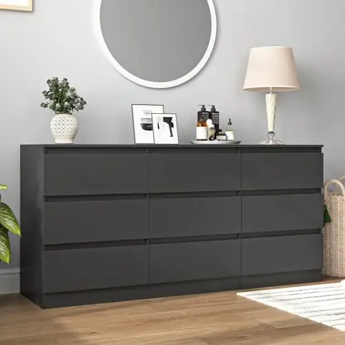 Black 9 Drawer Dresser for Bedroom, Long Dresser with Deep Drawer,Modern Wide Wood Storage Chest of Drawer, Bedroom - view 3