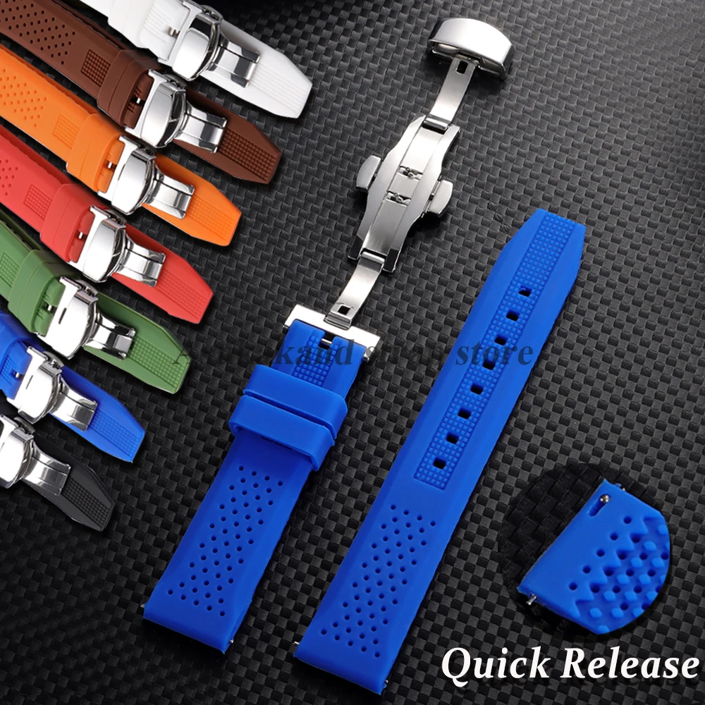 Silicone Straps 16mm 18mm 20mm 22mm 24mm for Seiko for Omega Rubber Watch Strap Quick Release Breathable Butterfly Buckle Band