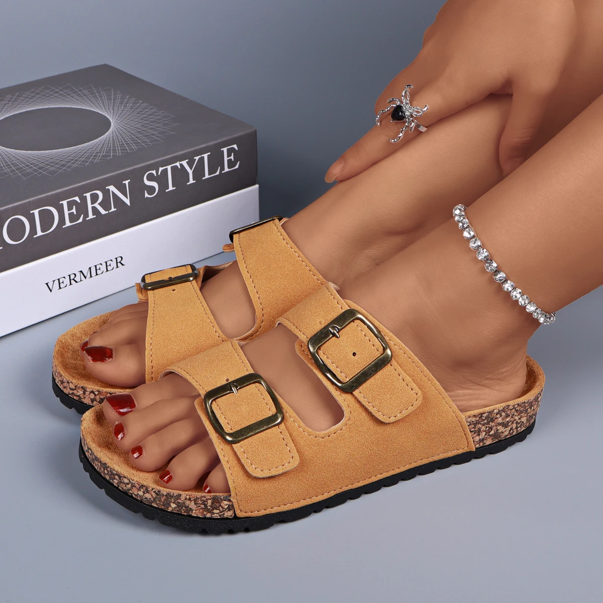 Elegant Women's Summer Shoes Double Buckle Suede Slippers Slides 2.7cm Cork Sole Adjustable Indoor Slides