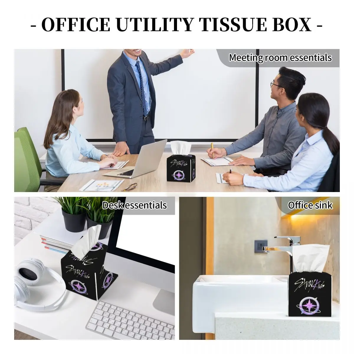 Custom Kpop Stray Kids Logo Tissue Box Cover Square PU Leather Facial Tissue Box Holder for Bathroom Office