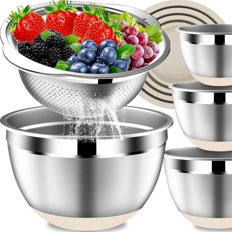 

Mixing Bowls Set with Colander, Stainles Steel Mixing Bowls with Lids Set, Metal Mixing Bowls with Strainer, Non-Slip Bottoms