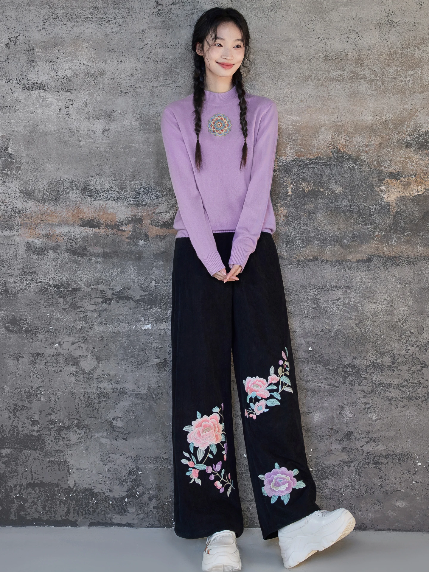 

Bla Embroidered Heavyweight Corduroy Wide Leg Pants Women's Casual Long Trousers Spring Original National Sle Floral