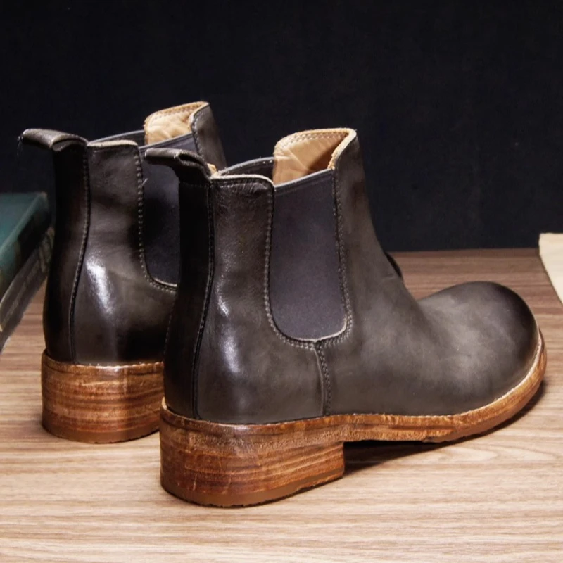 Vegetable Tanned Cowhide Washed Men Chelsea Boots Handmade Retro Round Toe Outdoor Motorcycle Ankle Boots Male Shoes