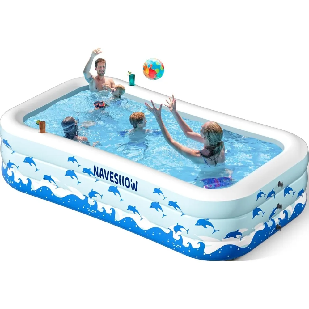 

Inflatable Pool with Seats, 130” x 72” x22” Large Swimming Pool with Bench Drink Holder Family Sized Blow Up Pool Outdoor