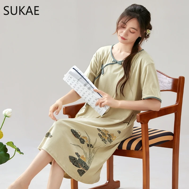 SUKAE Chinese Retro Style Woman Sleepshirt Casual Summer Faux Cotton Lingerie Fashion Nightdress Casual Elegant Women Home Dress