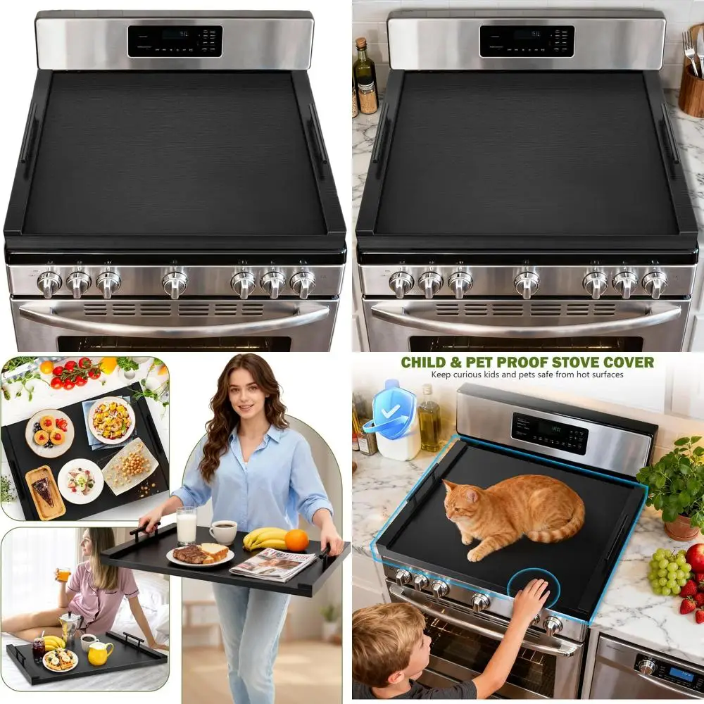 

Thick Wooden Stove Top Cover with Handles, Black, for Electric/Gas Stoves, Kitchen Sink Cover & Decorative Tray