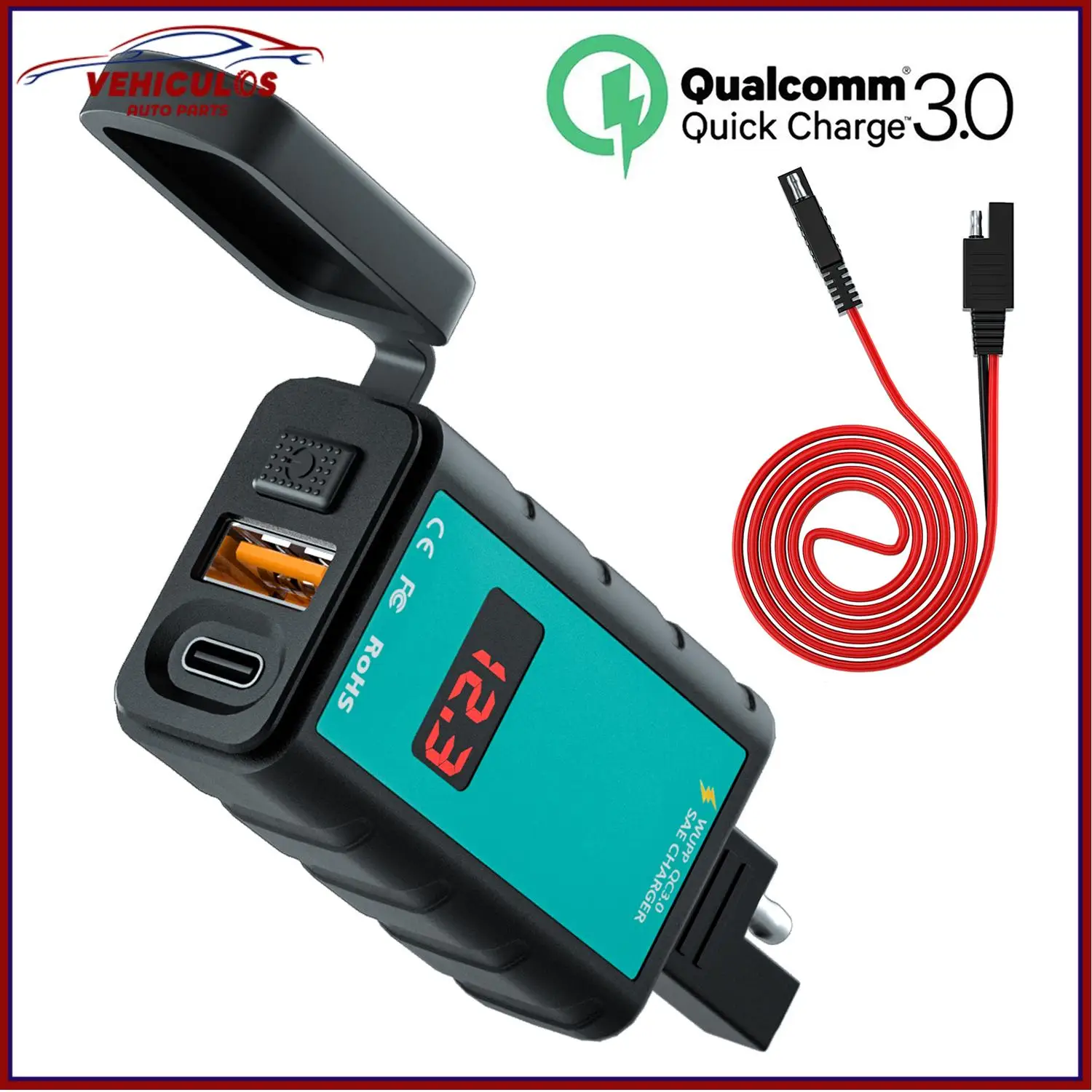 

1PC Square Fast Charging Single USB Type-C Charger With Voltmeter Integrated SAE Socket For 12V Car Motorcycle ATV RV SUV Boat