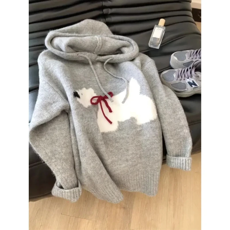 Grey Puppy Hooded Pullover Knitted Sweater Women's Thick Autumn and Winter Inner Wear Hoodie Jacket