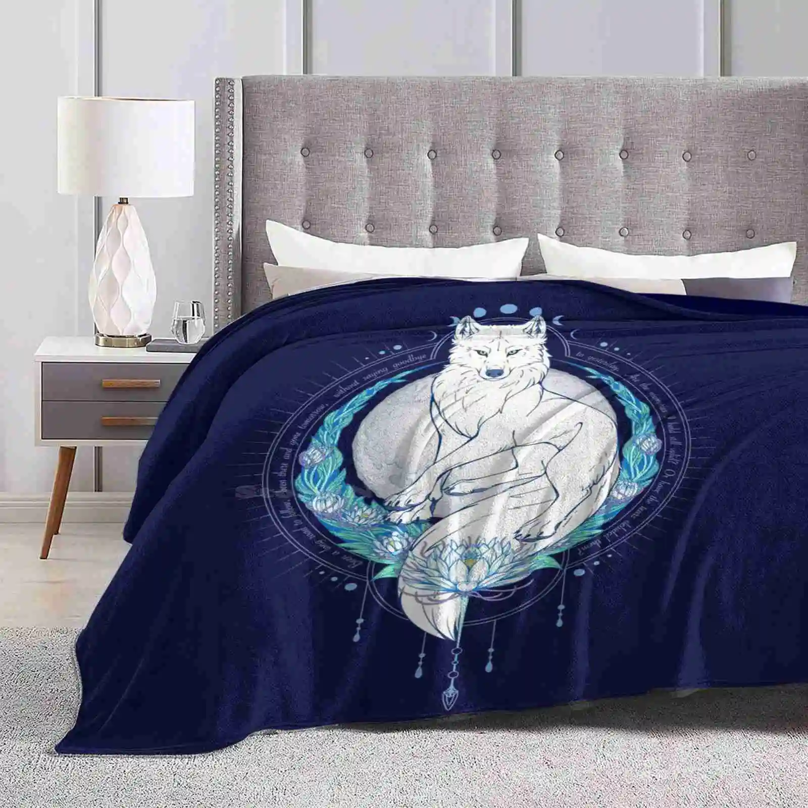 Protector Of Paradise Soft Warm Throw Blanket Blue Lunar Flower Gravity Moon Animals Leaves Vines Wolves Wildlife Nature