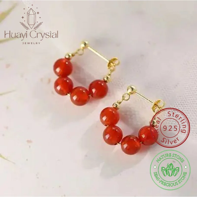 

s925 sterling silver red agate ear studs women's niche design high-grade chic light style earrings Western style earrings