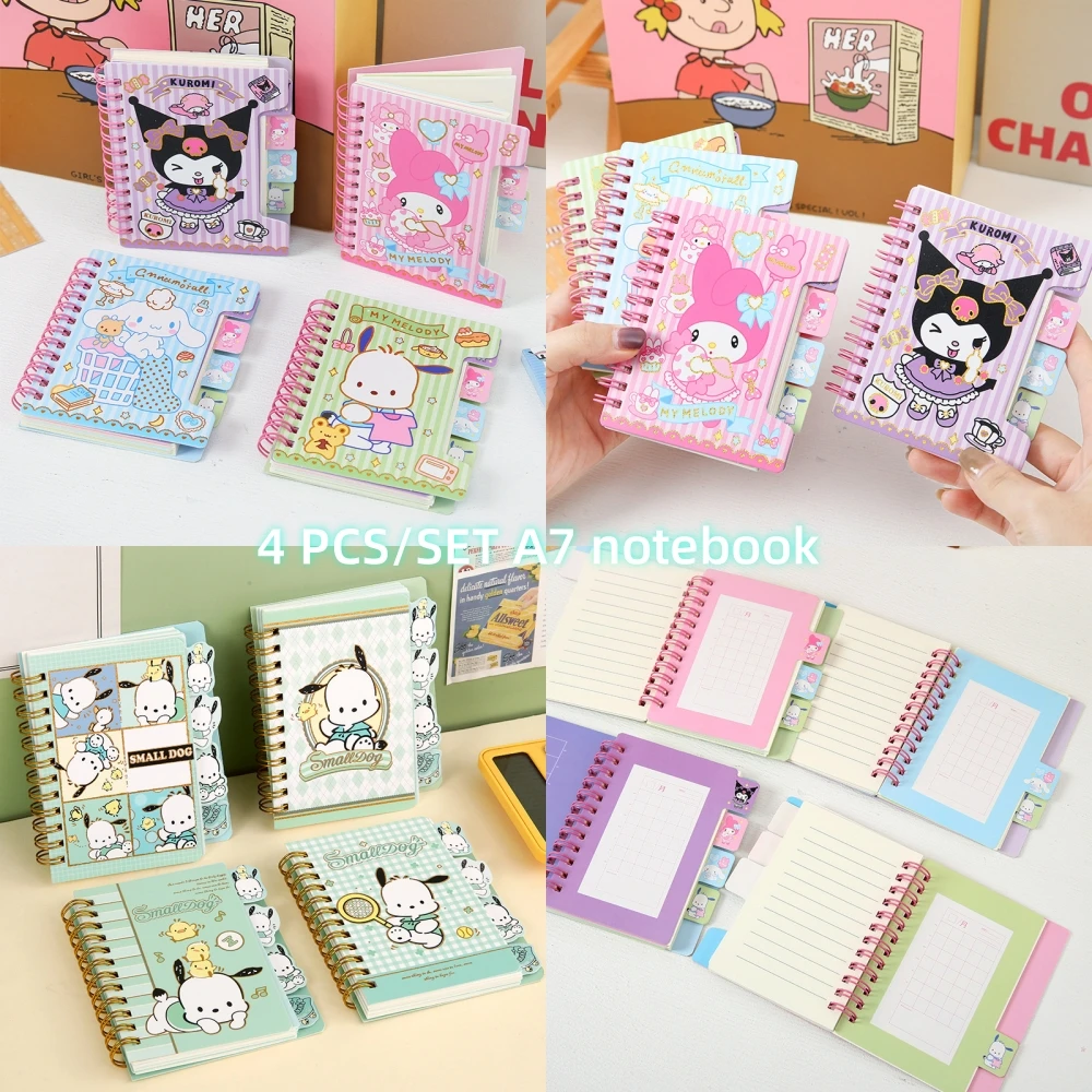 4 Pcs Cartoon Sanrio Characters A7 mini Notebook Pochacco Melody Kuromi Anime Color Page Coil Book Student supplies