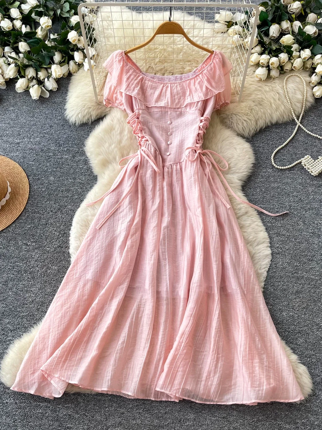 Red Square Collar A-Line Dress Women's High Waist Slim Fit Long Dress Gentle Wind Autumn Collection Korean Style Pleated Skirt