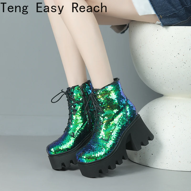 Women\'s Punk Platform Sequin Ankle Boots Fall/Winter Fashion Round Head Zipper Motorcycle Ankle Boots Sizes 33-43