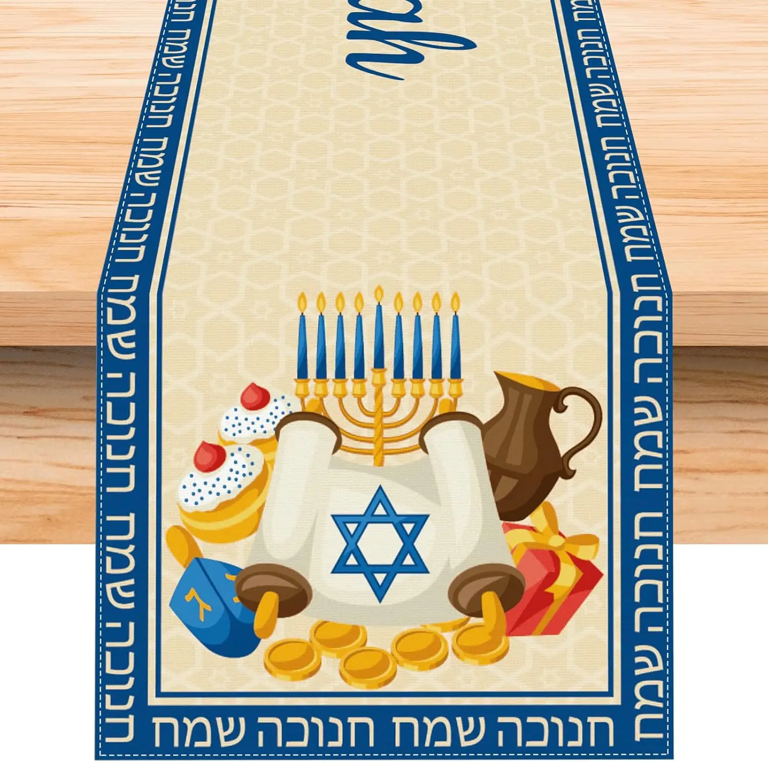 Happy Hanukkah Linen Table Runner Holiday Party Decor Jewish Hanukkah Chanukah Menorah Table Runners Kitchen Dining Table Decor