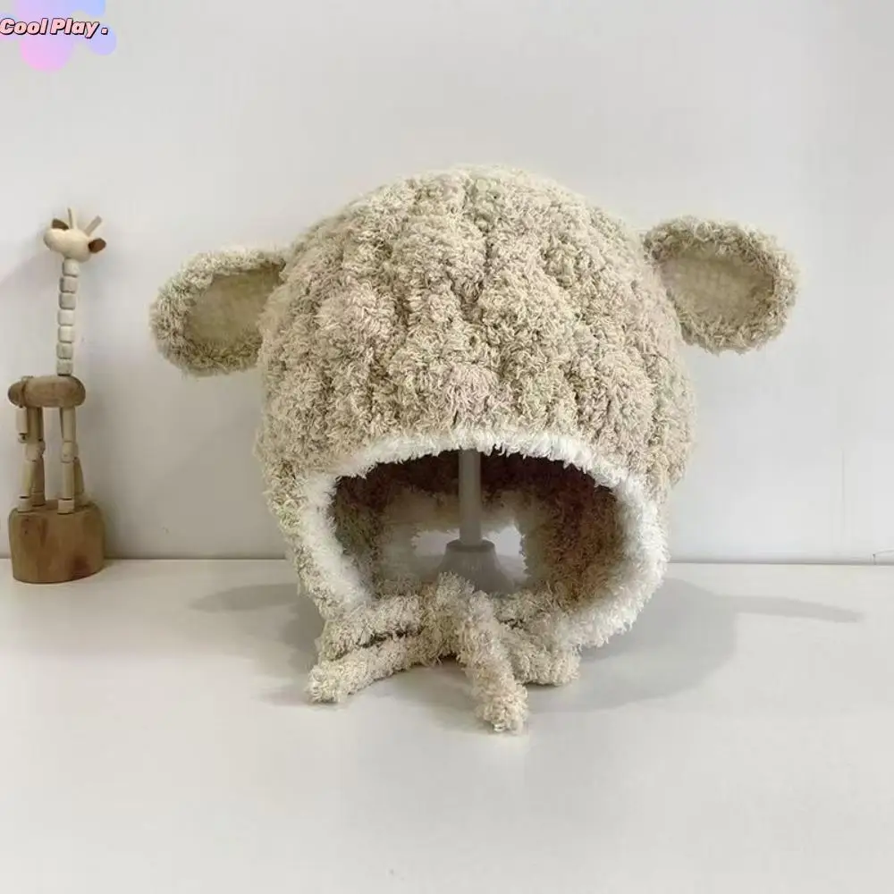 

Lamb Plush Animal Hats Scarf Solid Color Korean Style Children Fleece Hat Muffler Cloth Accessories Plush Hat with Scarf