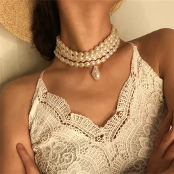 Fashion Vintage Multilevel Imitation Pearl Choker Chain Necklace For Women Female Boho Baroque Geometry Pendant Jewelry Gift