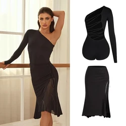 New ZYM Latin Dance Clothes Women One-Sleeved Tops Mesh Skirt Black Dress Adult Club Rumba Dance Wear Practice Clothing DNV22214