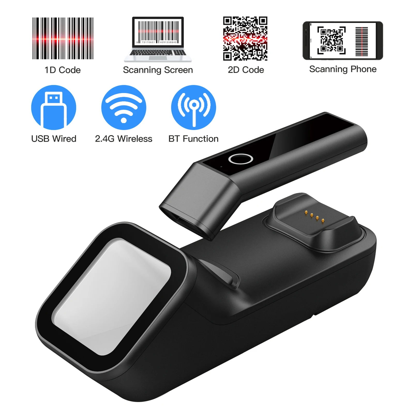 

【New】3-in-1 Barcode Scanner Handheld 1D/2D/QR Bar Code Reader Support BT & 2.4G Wireless &USB Wired Connection with Charging