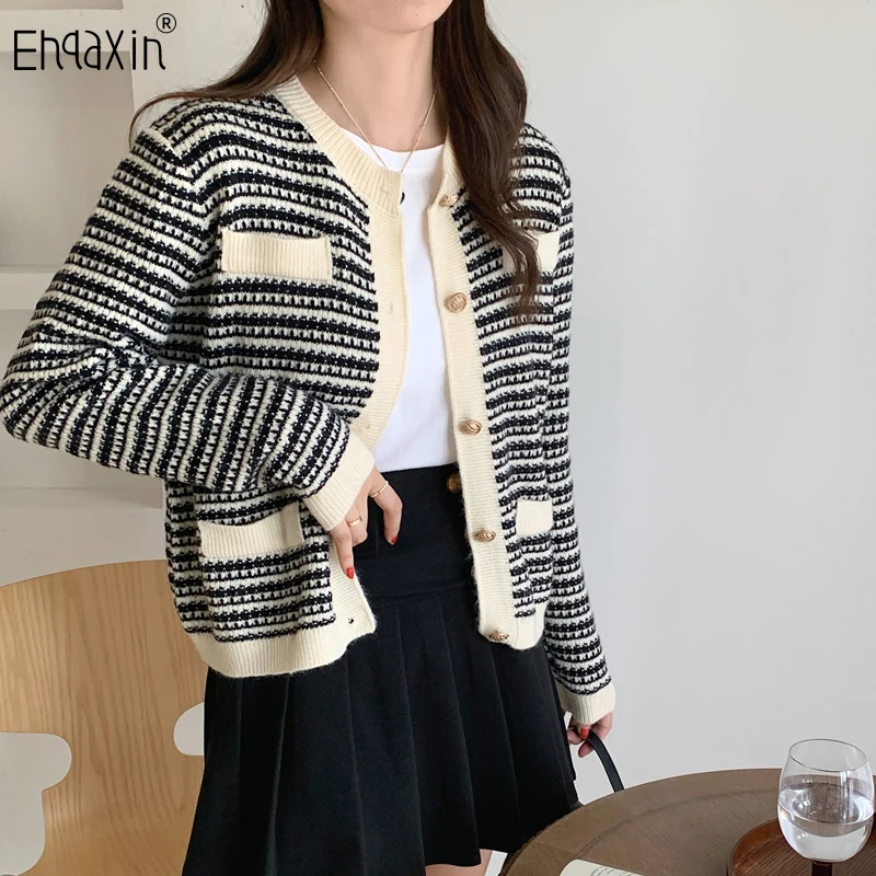 EHQAXIN – Cardigan ample en tricot pour femme, pull, manteau, taille unique, mode coréenne rétro rayé, tempérament, automne 2022