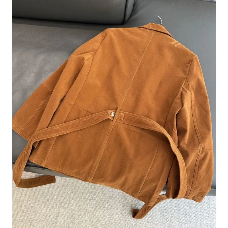 معطف خارجي عالي الجودة معطف عصري بدلة ريترو سترة أنثوية ساحرة عصرية من جلد الغزال حزام بدلة على الطراز القديم سترة نسائية